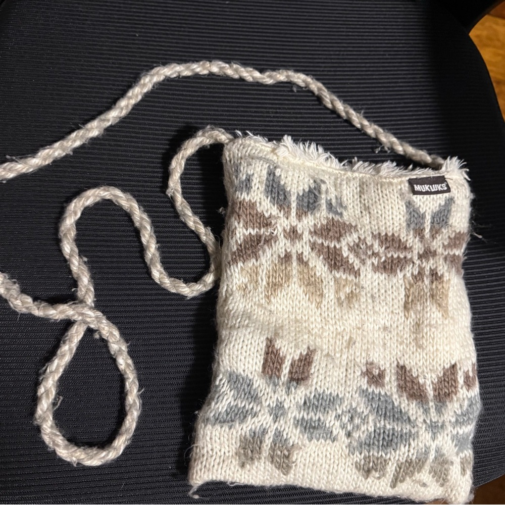 Muk Luks Knit Crossbody Bag with Cream and Brown Pattern